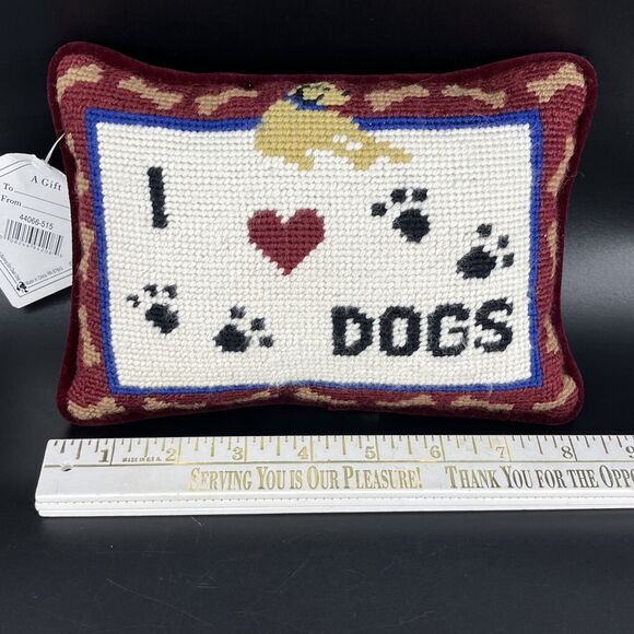 Needlepoint I Love Dog Spell Out Wool/Velvet Red Art Mini Pillow Decor - Picture 6 of 9